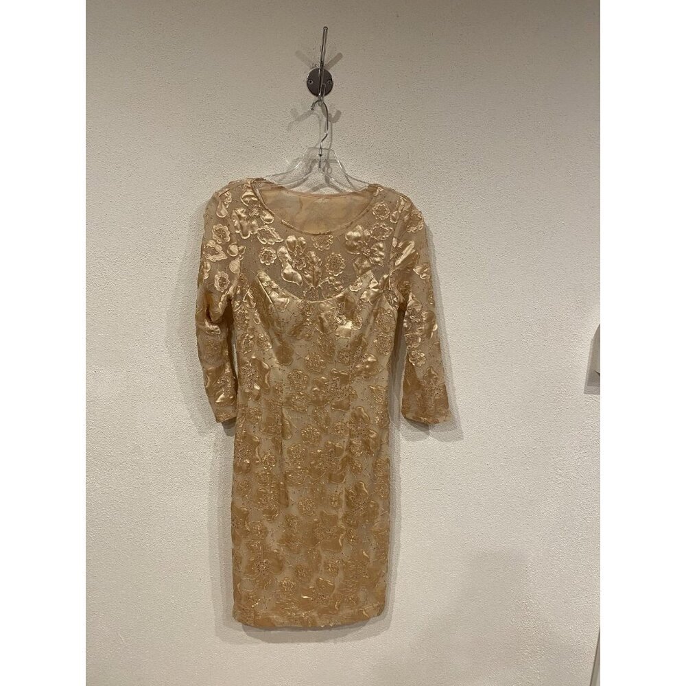 Sue Wong Nocturne Dress Womens 2 Gold Lace Floral Embroidered Cocktail Party